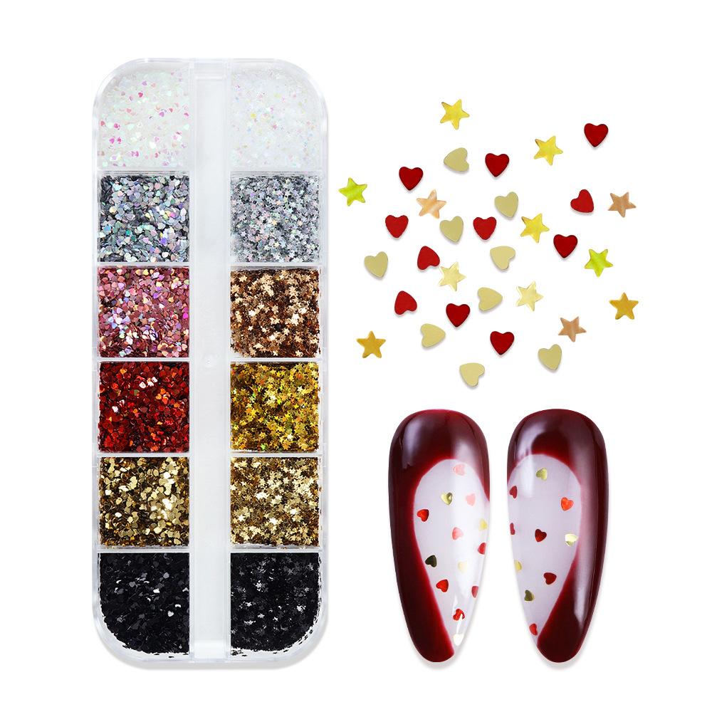12Grids 3D Mini Heart/Star Nail Glitter Sequins 1mm Holographic Love Pentagram Flakes Sparkling Nail Art Decorations Paillettes