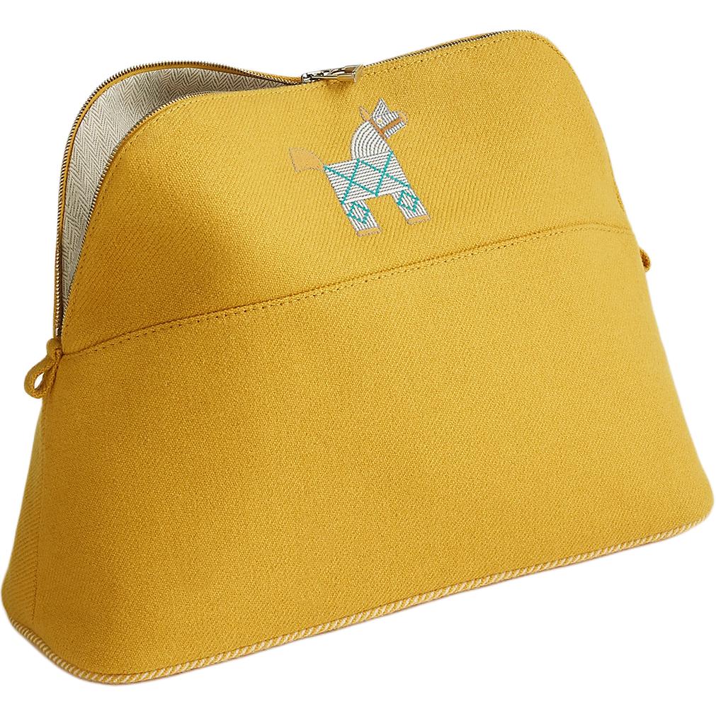 Hermes Bolide Animaux Nattes Metallic Palladium Coated Wool Travel Storage Bag Unisex bags Mustard-Yellow H103834MV04 Box Not Included