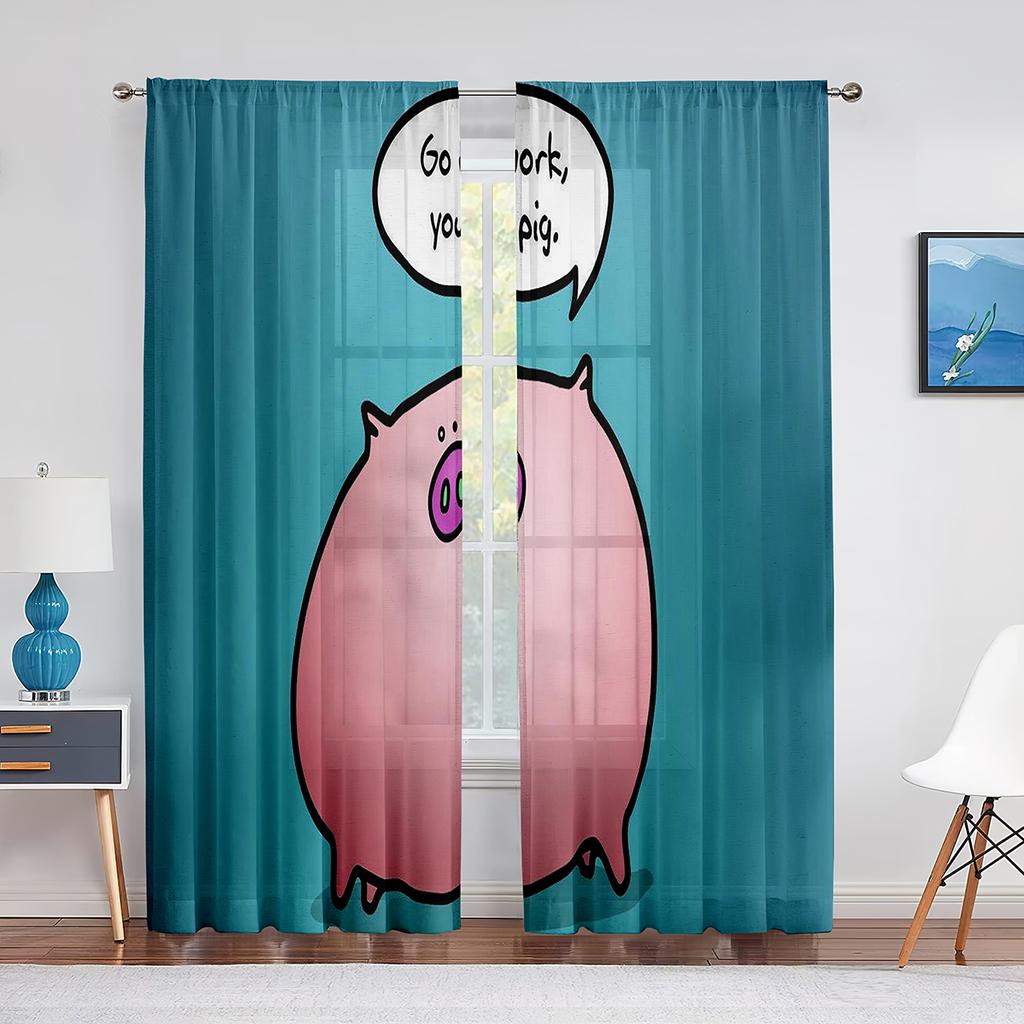 Funny Cartoon Singing Pig Wine Barrel Sheer Voile Curtains for Living Room Bedroom Tulle Curtains Kitchen Window Home Decoration
