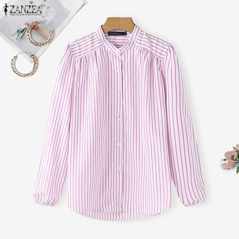 ZANZEA Women Casual Round Neck Long Sleeve Stripe Blouse