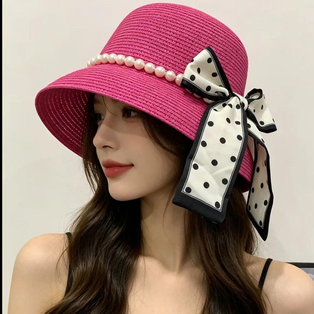 French Polka Dot Pearl Straw Hat Women's Summer Sun Protection Hat Seaside Vacation Beach Hat Straw Sun Hat Self-operated