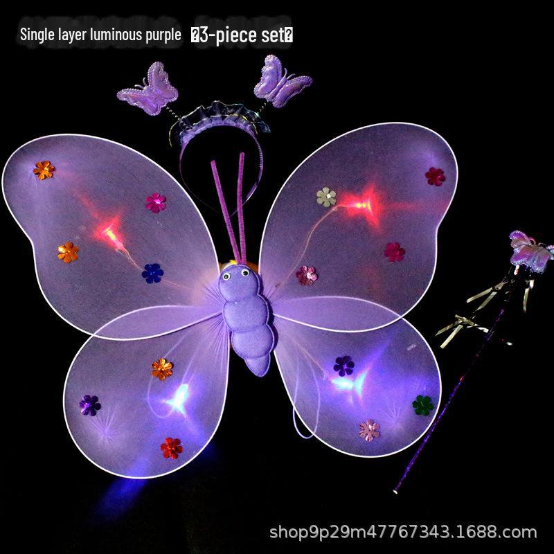 Children's Glow Angel Costume: Girl's Gauze Skirt with Flashing Wings and 20-Light Butterfly Design, 3-Piece Set.
