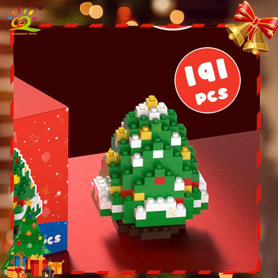 HUIQIBAO Mini Christmas Tree Santa Claus Children Train Model Micro Bricks Building Block Snowman Elk Bricks Toys New Year Gift