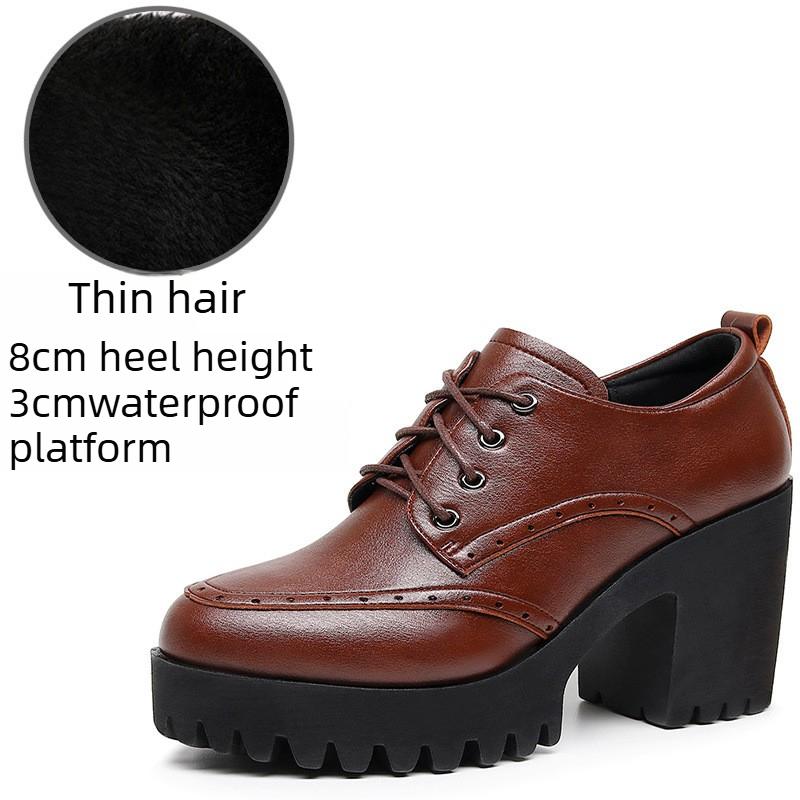 Brogue Damenschnürschuhe im britischen Stil aus Leder mit klobigen Absätzen, High Heels, wasserdichter Plateau-Sohle, runder Spitze, tiefem Ausschnitt