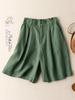 Summer Elastic Waist Cotton-Linen Capris with Wide Legs and Retro Solid Color