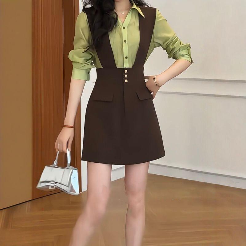 

Women s Fashion: 2026 Summer Stylish Dress with a Fake Two-Piece Design, Contrasting Color, and Turn-Down Collar, Designed to Flatter the Figure Coffee and Green Dress M