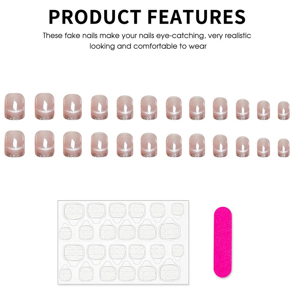 Nude Pink French False Nails With Silver Foil Glitter 24 Pieces Elegant Design For Multiple Occasions