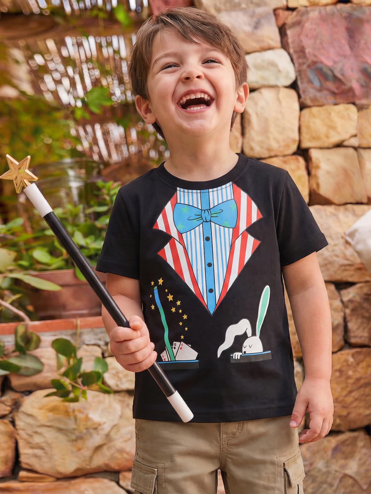 

European & American Boys Summer T-shirt: Magic Print Cotton Sports Round Neck Short Sleeve Top 140cm (8Y) чёрный