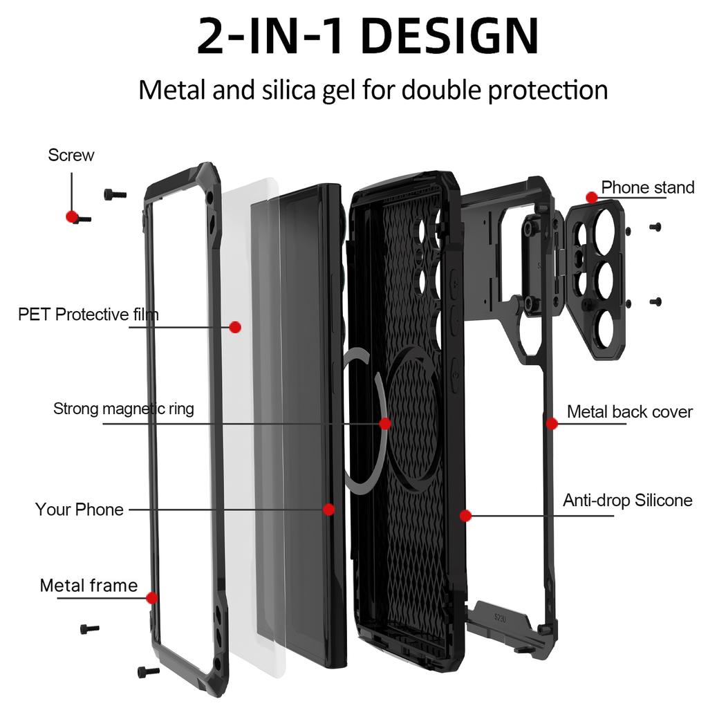 For Samsung Galaxy S24 Ultra Case Aluminum Alloy+Silicone Lens Kickstand Phone Cover with PET Film