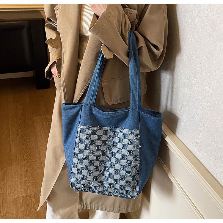 Winter 2025 Plaid Washed Denim Embroidered Handbag - Large Capacity Shoulder Bag