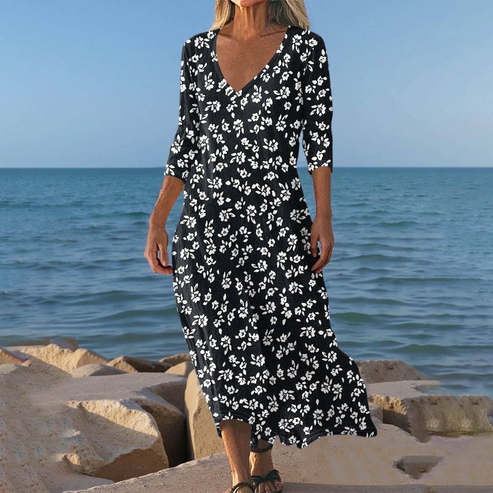 

Dresses For Womens Vintage Print Tunic Waisted Midi Dress Summer Casual 3/4 Sleeve Dress S чорний