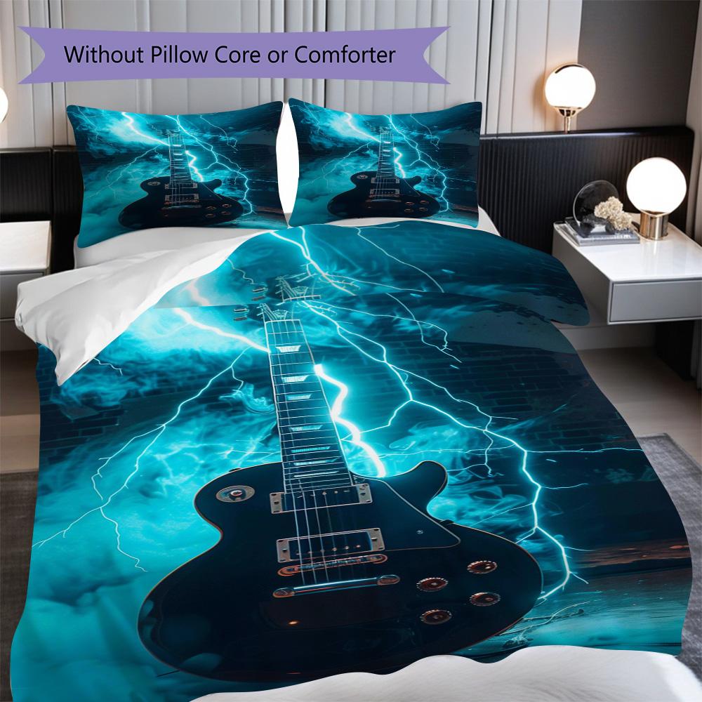 1PC Music, Guitar Theme Bedding Quilt Set Quilt Cover Pillowcase Home Decoration Birthday Gift (1 * Duvet Cover + 2 * Pillowcase, Without Core)