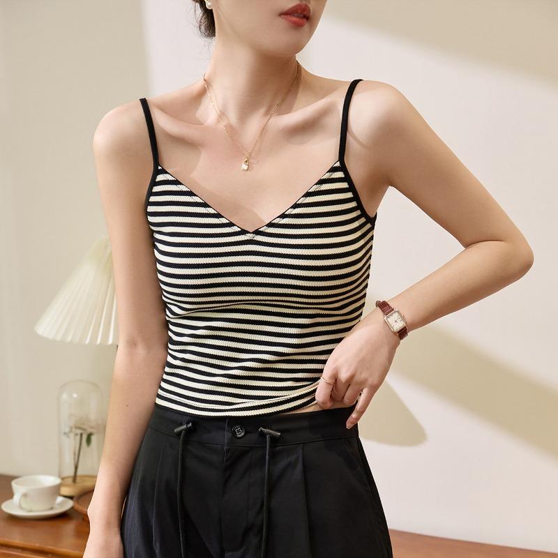 Women's Cotton Striped Camisole Vest Summer New V-neck Sexy Backless Hot Girl Inside Out Sleeveless Tops