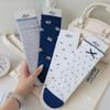 Women's Japanese-Style Blue & White Loose Socks: Spring/Summer Thin Mid-Calf with Cartoon Bear, Polka Dot & Bow Design