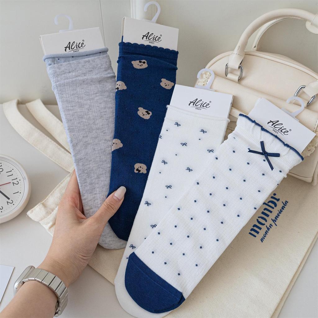Women's Japanese-Style Blue & White Loose Socks: Spring/Summer Thin Mid-Calf with Cartoon Bear, Polka Dot & Bow Design