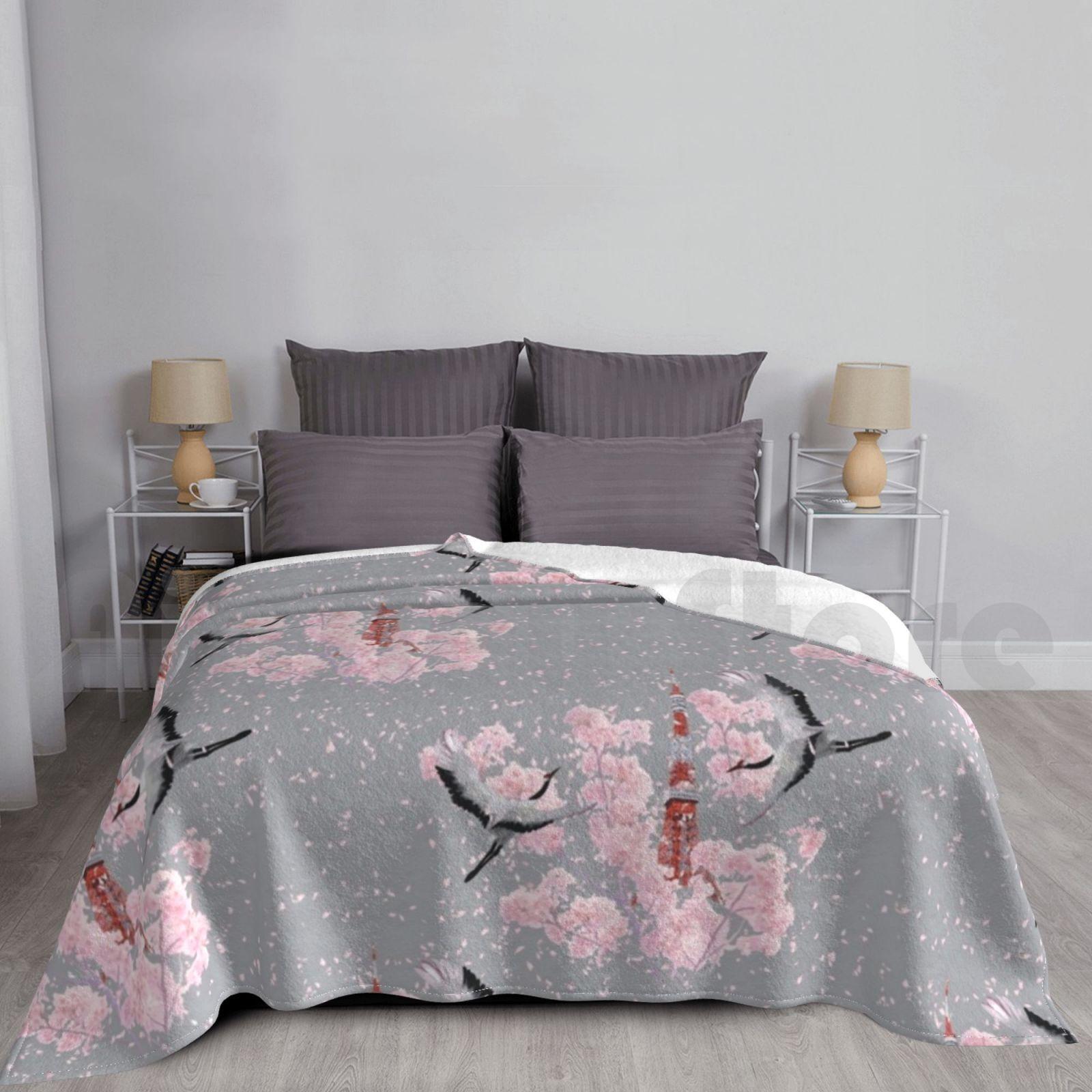 Cherry Blossom & Cranes-Grey Blanket For Sofa Bed Travel Cherry Blossom Sakura Cherry Blossom Cherry Blossom Size: 75*100cm, Weight: 230 GSM