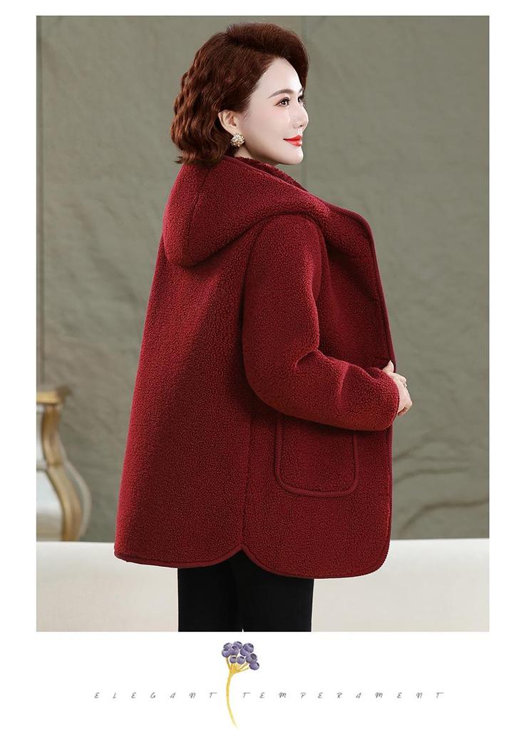 Mom's Fashionable Winter Hooded Fleece Lined Cotton Jacket for Middle-Aged & Elderly Women