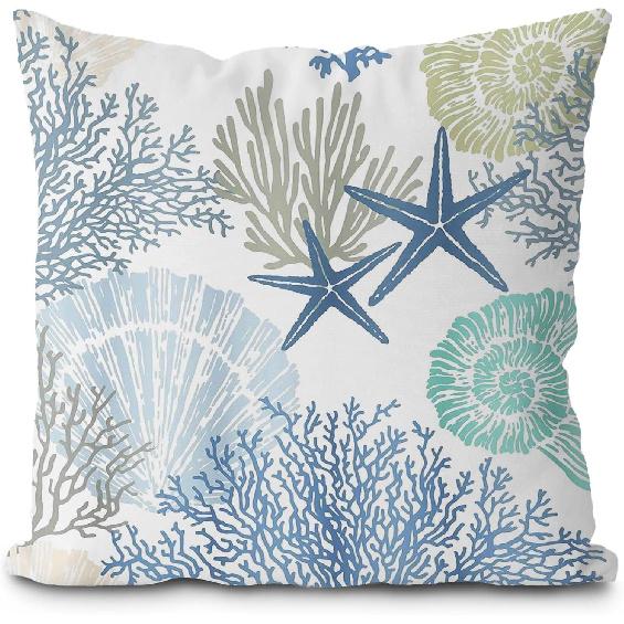 Coastal Beach Pillow Covers 18x18, Ocean Beachy Themed Room Decor, Coral Starfish Seashell Ocean Beach Decorative Throw Pillow Covers for Home Living
