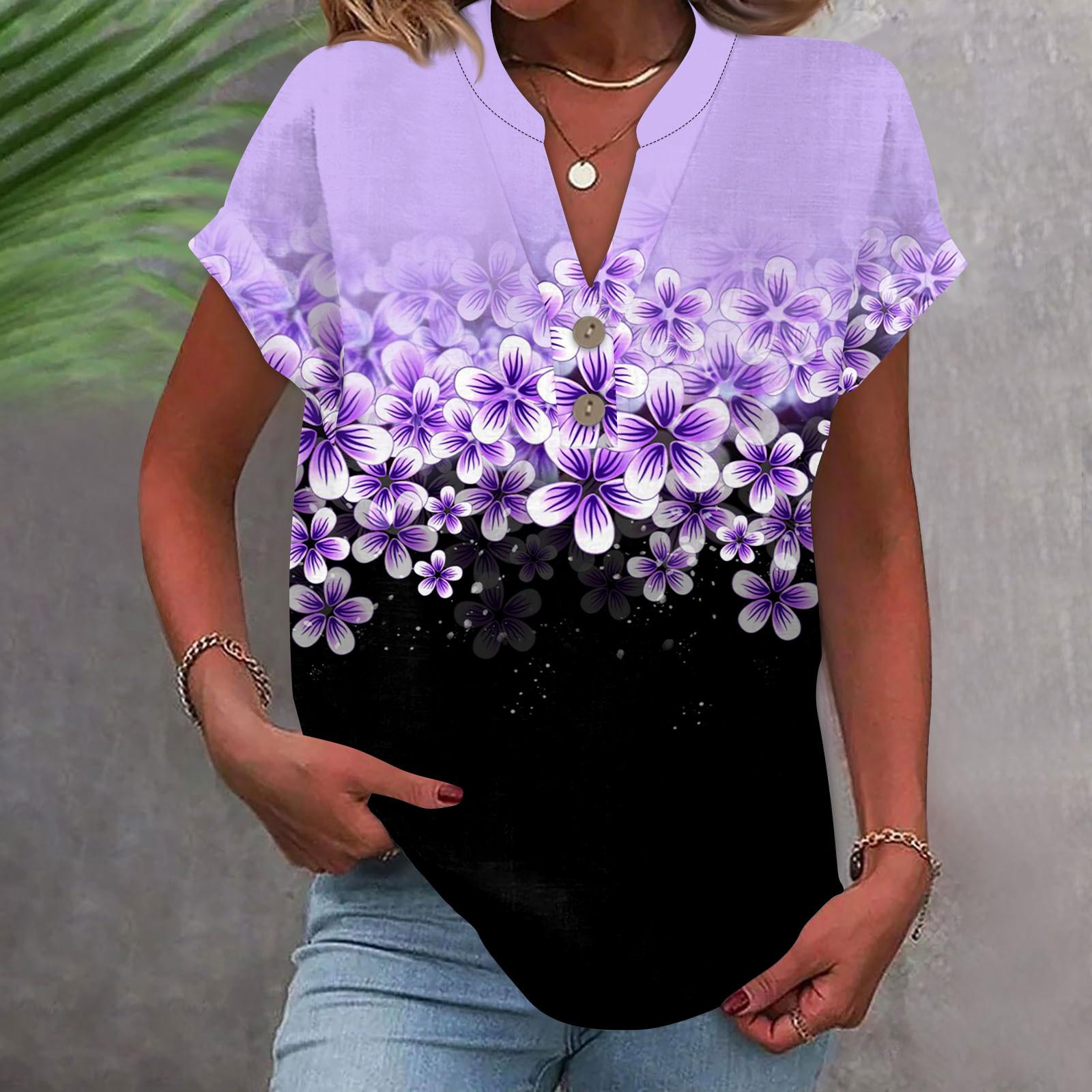 

Женская модная повседневная рубашка с v-образным вырезом и коротким рукавом с принтом, футболка на пуговицах, топ XL фиолетовый