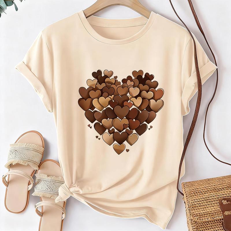 Women's Casual Sleeve Round Neck T-Shirt with A Heart Filled Print 90s Korean Style Graphic Tshirt Clothes