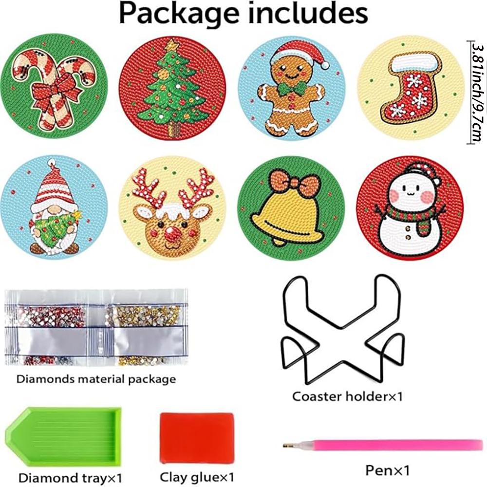 8 sztuk/zestaw podkładek z motywem świątecznym malowanych diamentami, podkładki DIY z uchwytami, odpowiednie dla początkujących i dorosłych, artykuły plastyczne i rękodzielnicze prezenty