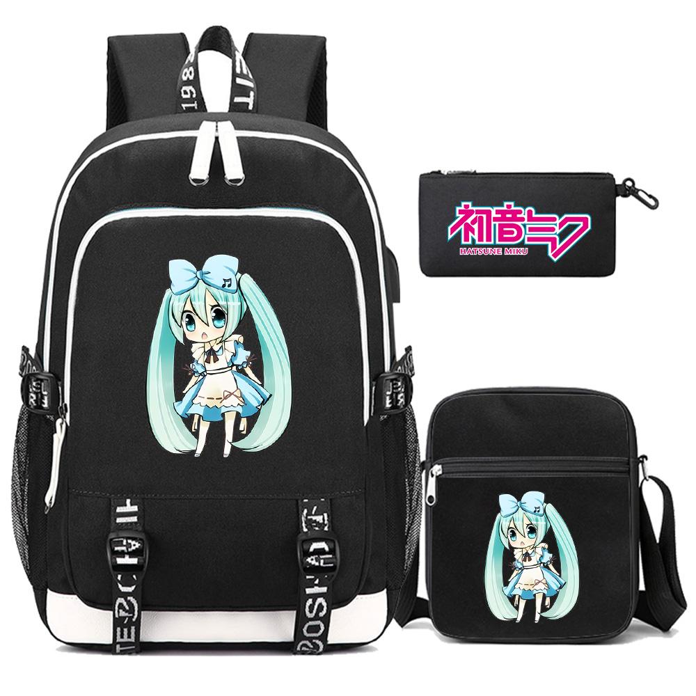 3 Stück/Set Anime Cartoon Hatsune Miku Bedruckter Rucksack Große Kapazität Wasserdichte Schultasche Schüler Junge Mädchen Schultasche Outdoor Laptop Reisetasche Geschenk
