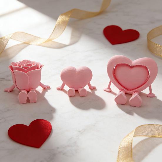3 Pcs 3D Printed Valentine's Day Decoration Articulated Pink Heart Rose Figurine with Flexible Legs for Office Home Shelf Decor Lovers