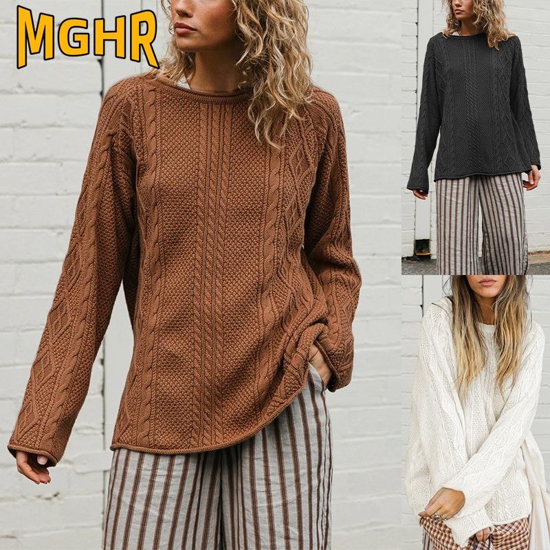 MGHR Women's Fashion Casual Solid Color Print Autumn Winter O-Neck Long Sleeve Loose Sweaters