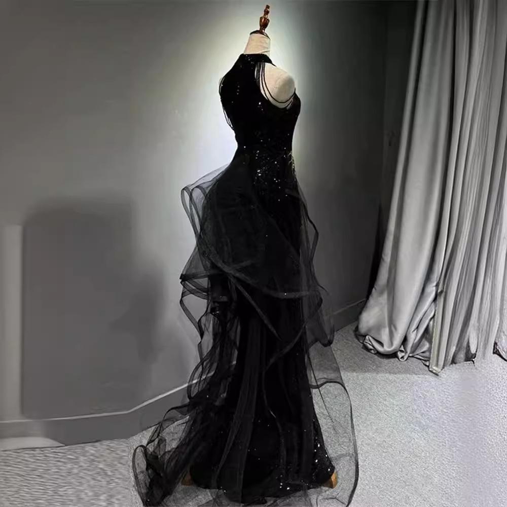 New evening dress black high-end slim temperament celebrity host neck fishtail skirt wedding toast dress summer