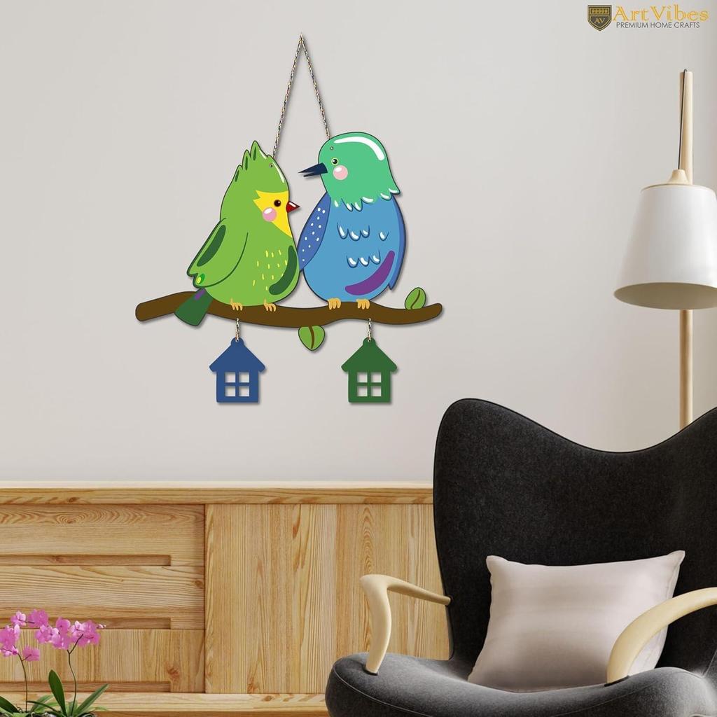 Cute Pair of Birds Wooden Wall Hanging for Home Decoration | Garden Balcony | Office | Cafe | Decorative Door Hanging | Festive Decor Art Items