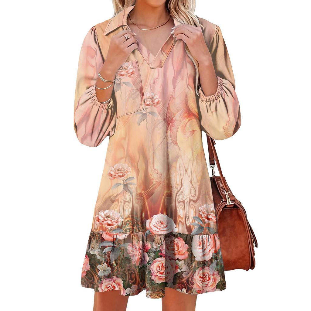 Damenmode Elegant Herbst Und Winter Langarm V-Ausschnitt Weihnachtsprint Kleid
