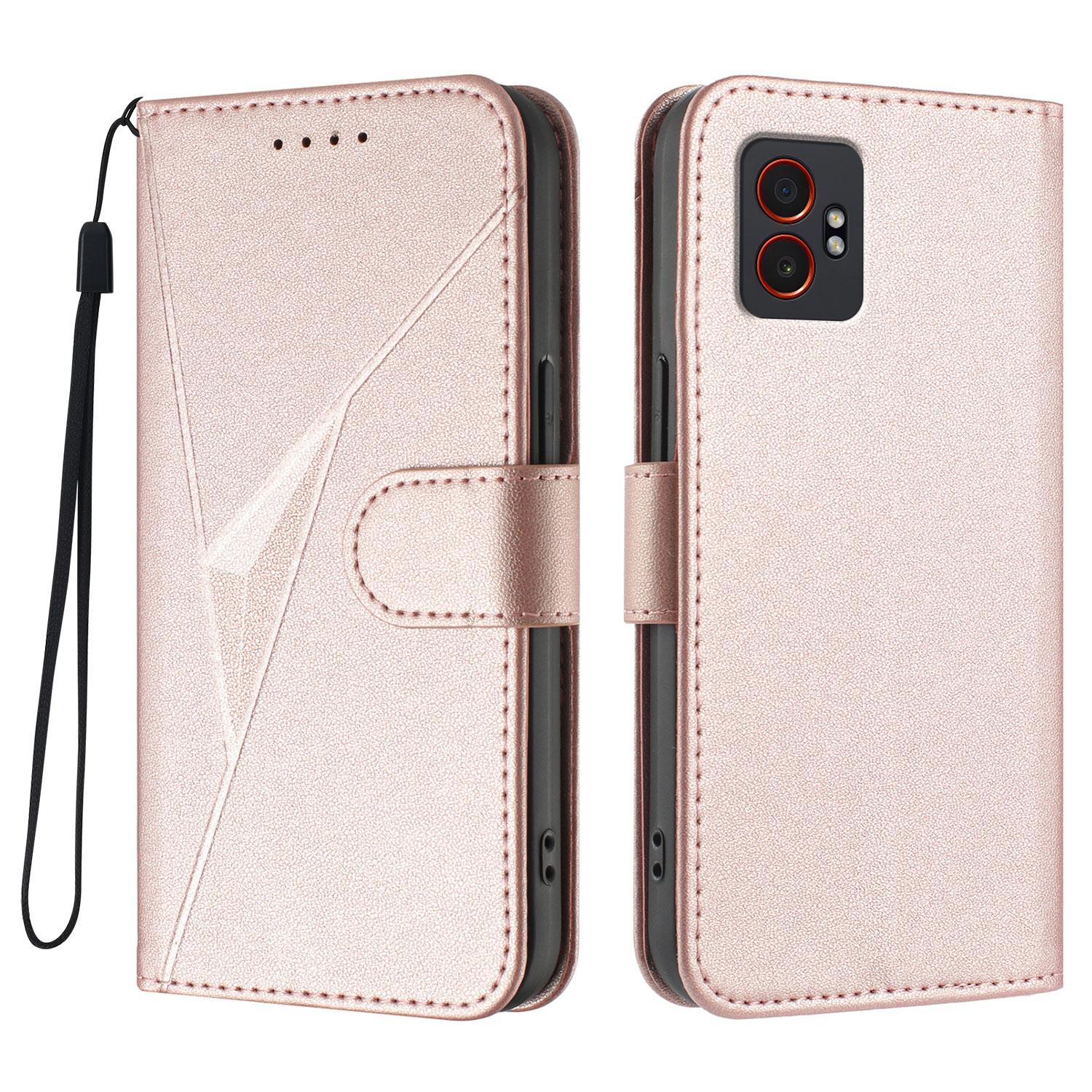 

For Samsung Galaxy XCover7 Pro Case Triangle Imprint Leather Phone Cover with Lanyard Rose Gold