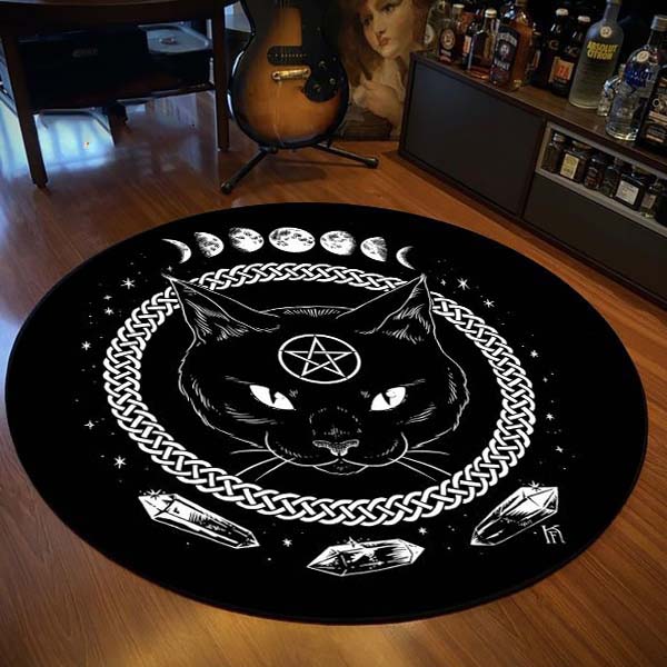 Round Rug Satanic Cat Goat Impaled Throne Area Atheist Carpet Bath Mat Black Mat Living Room Home Decoration
