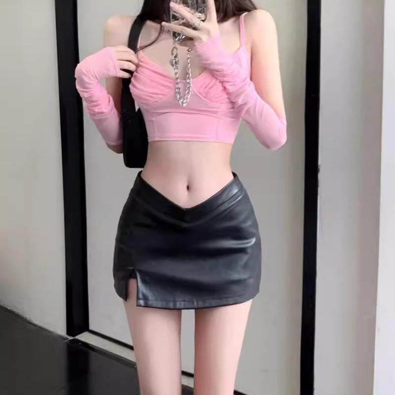 High-Waisted Black PU Leather A-Line Short Skirt - Slimming, Sexy, Hip-Hugging Design for Women (2026)