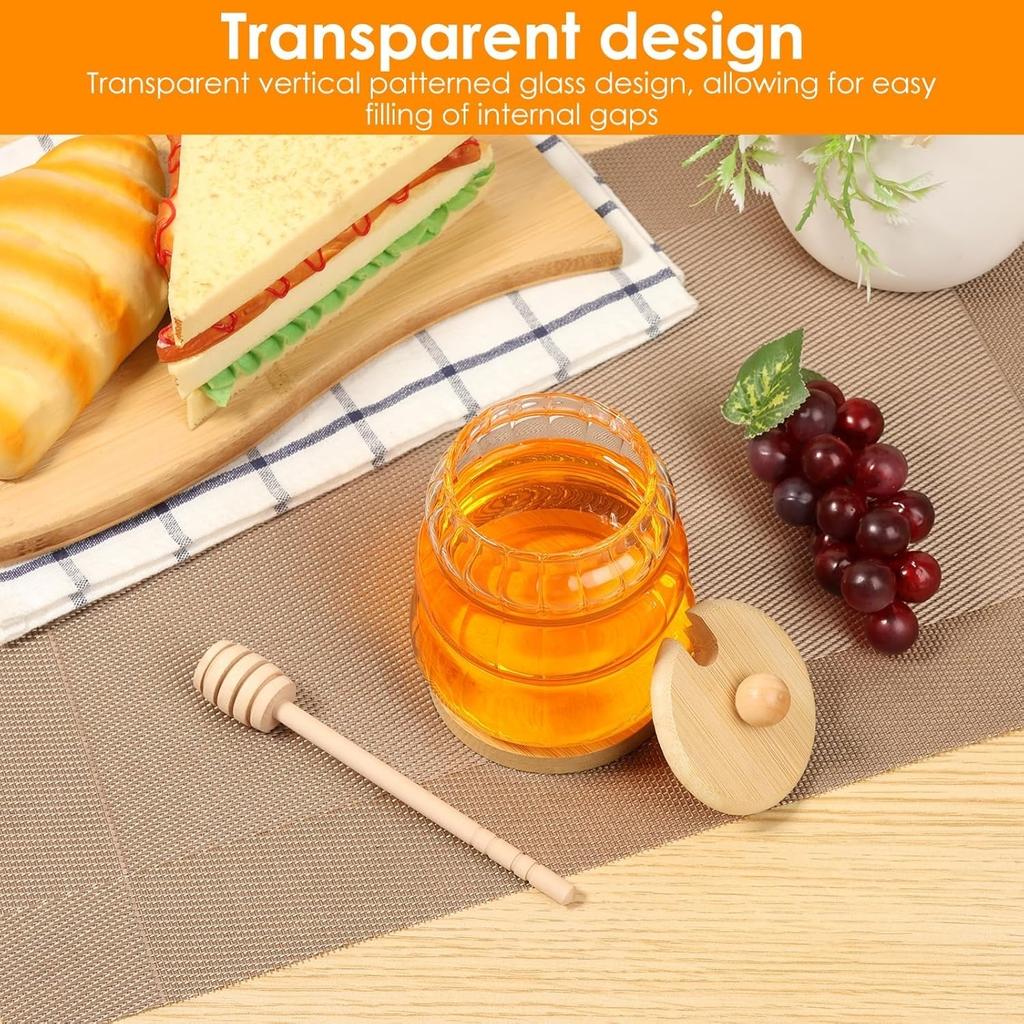 2pcs 15oz Glass Honey Jar with Dipper, Honey Pot with Dipper and Lid Jam Container Set,Wood Base and Lid Syrup Dispenser for Chocolate Syrup