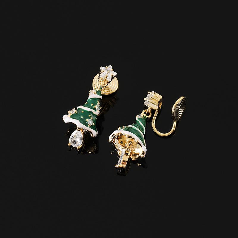 EH1612 3D Christmas Tree Dangle Earrings with Non-Piercing Mosquito Coil Ear Clips