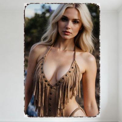 Vintage Retro Blonde Frau mit gewelltem Haar Fransen-Neckholder-Oberteil Metallblechschild für Heimbar Man Cave Dekoration