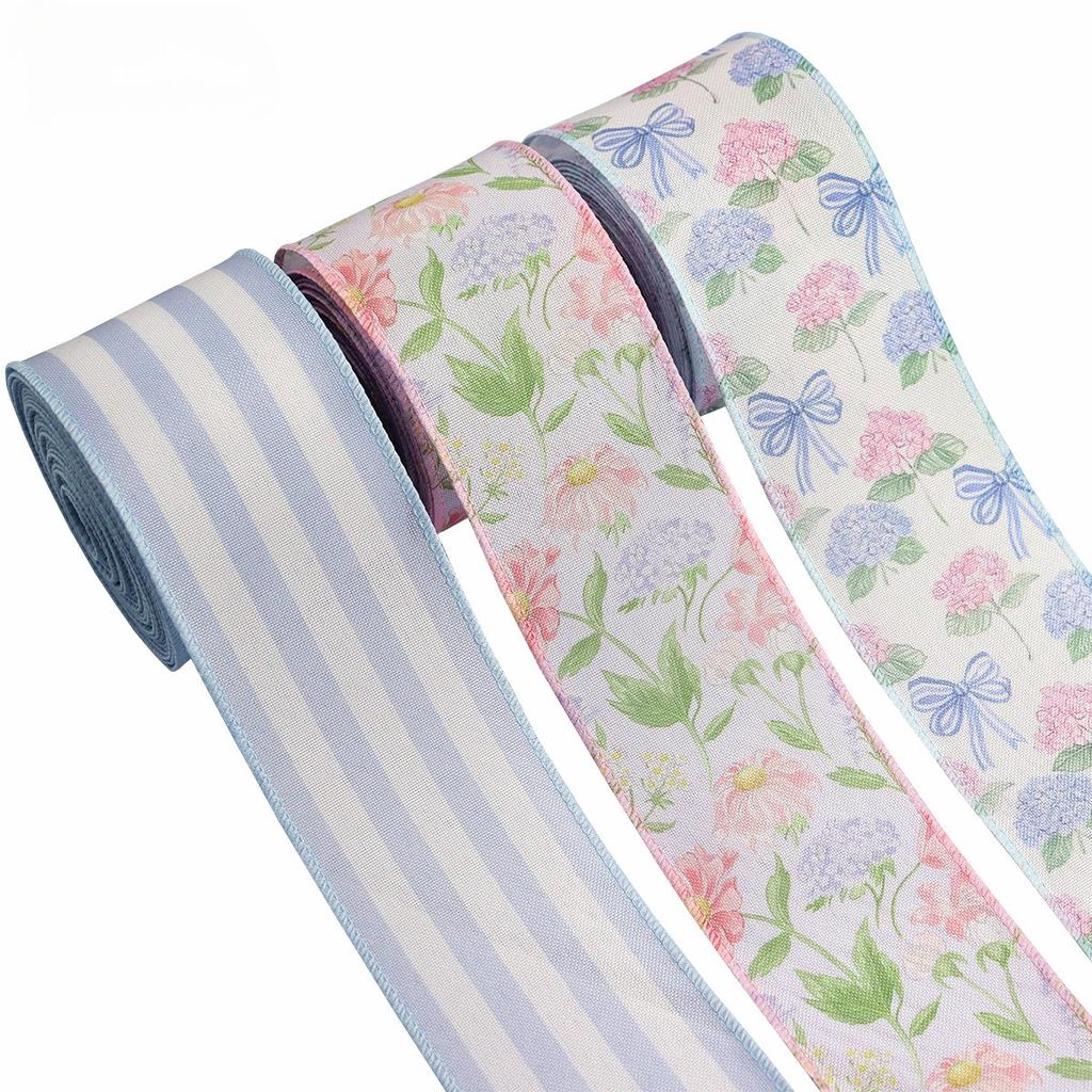 Floral Printed Ribbon with Wire Edges, 5 Yards 6.3cm Wide Polyester Craft Ribbon for Gift Wrapping & Decor