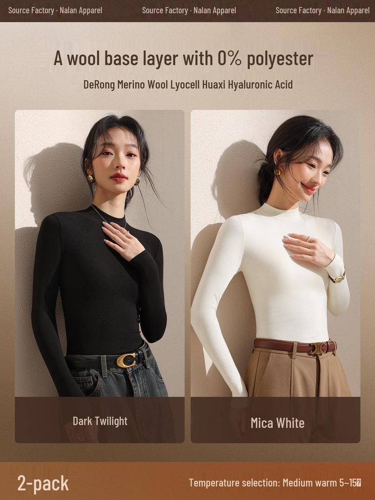 Women's Black Fleece-Lined Half-High Neck Base Layer Knit Top - Thickened Long Sleeve for Autumn/Winter 2026