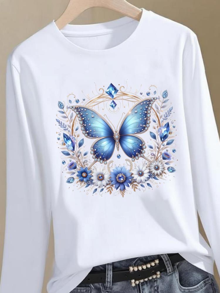 (Asian Size) butterfly style cute Graphic Tee o-neck Print T Shirt Casual Clothing Women autumn winter spring Fashion Top Long Sleeve T-shirts