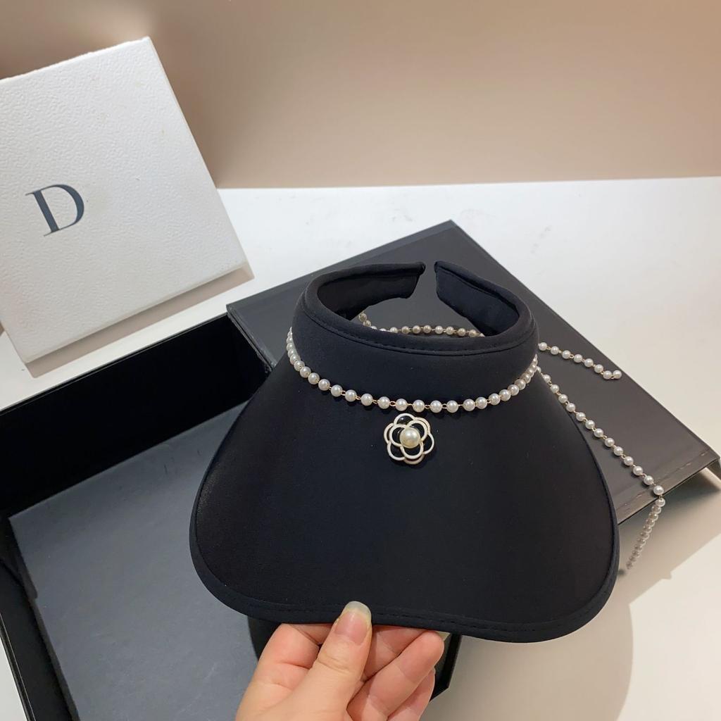 French Small Fragrant Wind Pearl Camellia Empty Top Hat Summer Ice Silk Enlarged Ass Brim Full Cover Sun Protection Hat Women