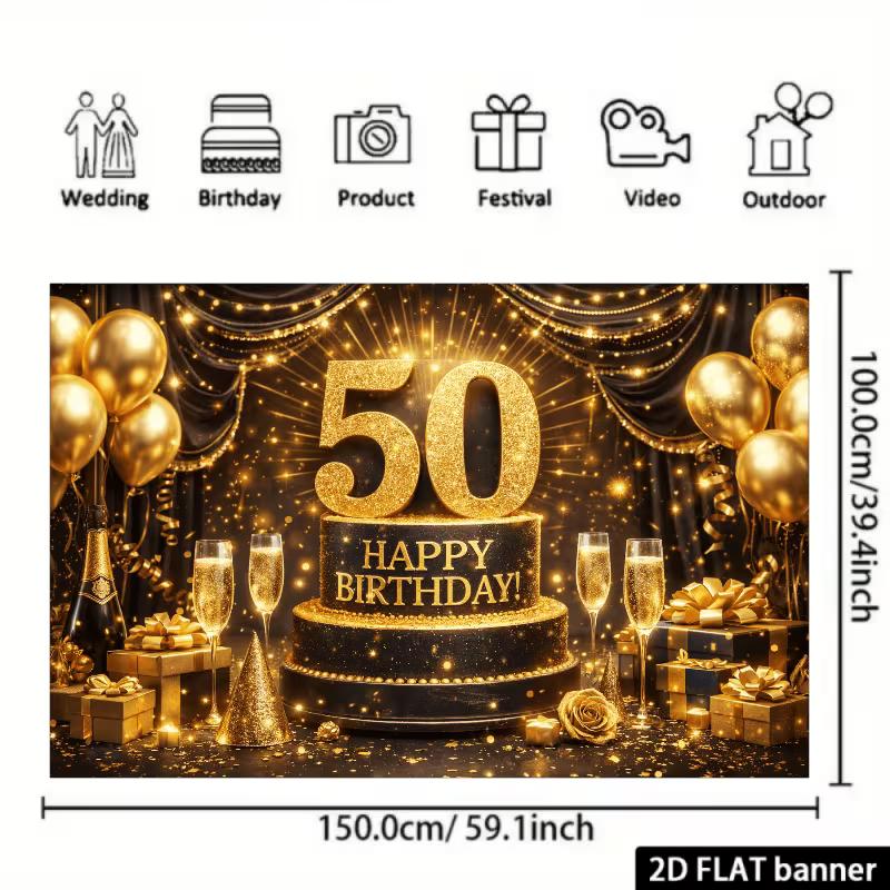 2D 50th Happy Birthday Black Gold Champagne Background Cloth 50th Birthday Party Decoration