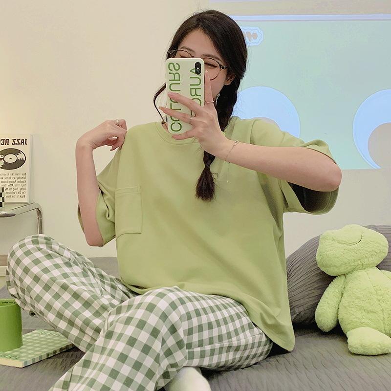 

Жіночий модний пуловер з короткими рукавами та круглим вирізом, верхній комплект штанів у клітку, вільний зручний домашній одяг, одяг для сну, домашній одяг, піжами, 2 шт. 3XL світло-зелений колір