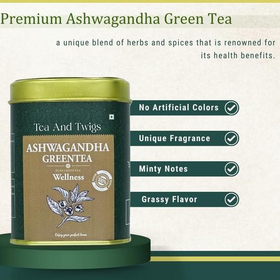Tea And Twigs | Ashwagandha GreenTea- 15 Tea Bags (30 Gram) | Ayurvedic Blend of Himalayan Green Tea, Natural Ashwagandha