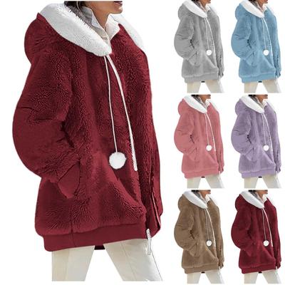 Women's Casual Solid Color Loose Plush Zippered Hooded Jacket With Pockets