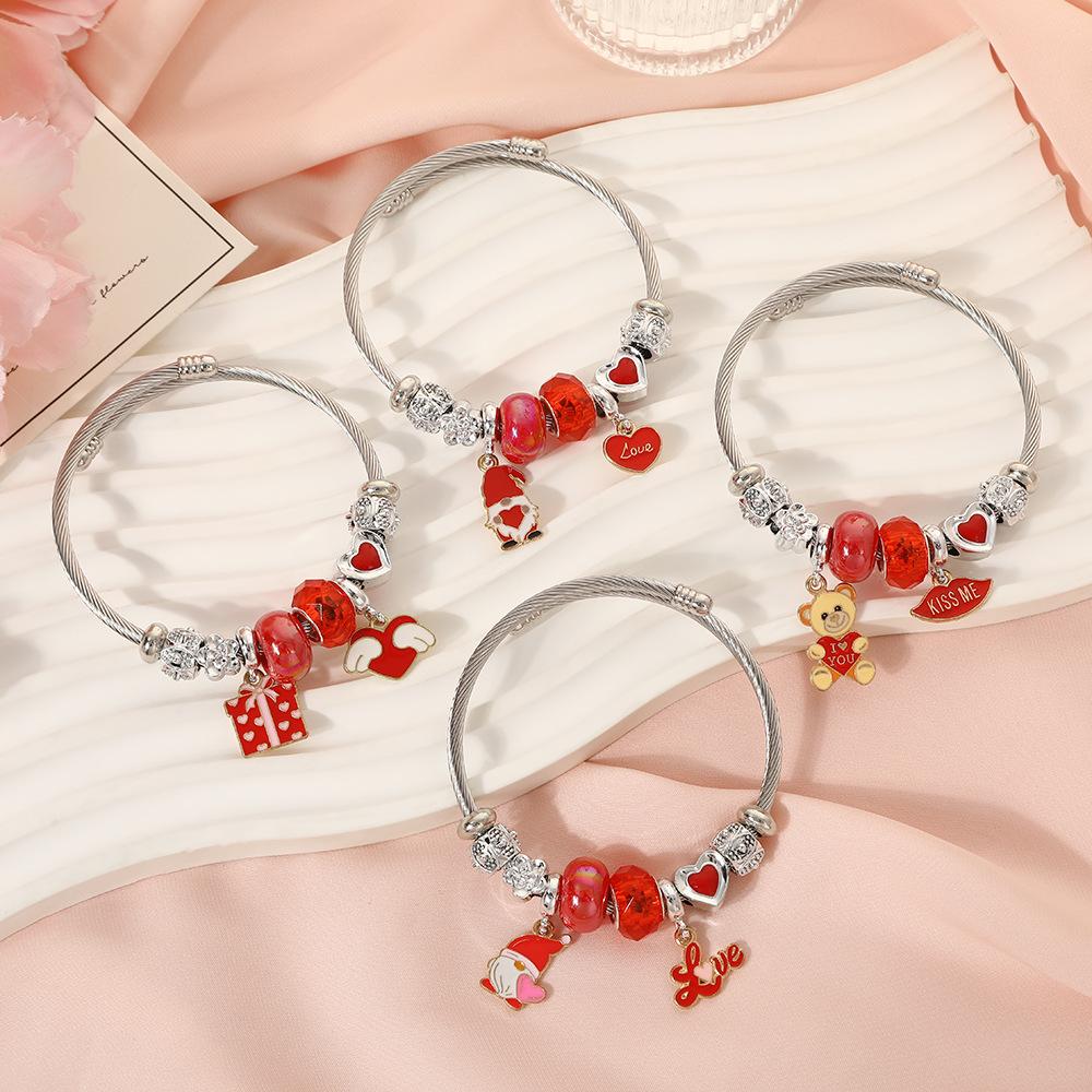 Cute Cartoon Bear Angel Heart Beaded Bracelet Stainless Steel Valentine Gift for Her Girlfriend Women