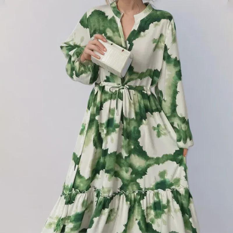 

Vintage Dresses Women Spring Summer New Lapel Full Sashes Print Chiffon Long Dress French Elegant Fashion Vestidos 3XL м ята зелений колір
