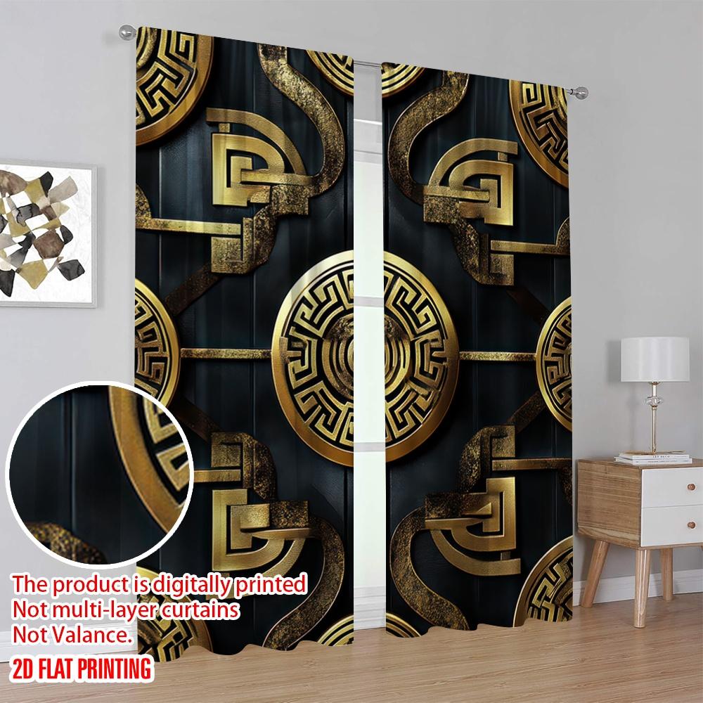 2D flat printing 2pcs Curtains Gold geometric pattern 100% Polyester,Without Electricity Holiday Decorations Suitable for