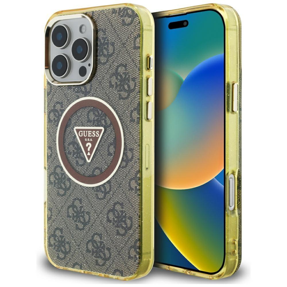 Guess Iml Metal Glitter 4G Circle Triangle Case for iPhone 16 Pro Brown