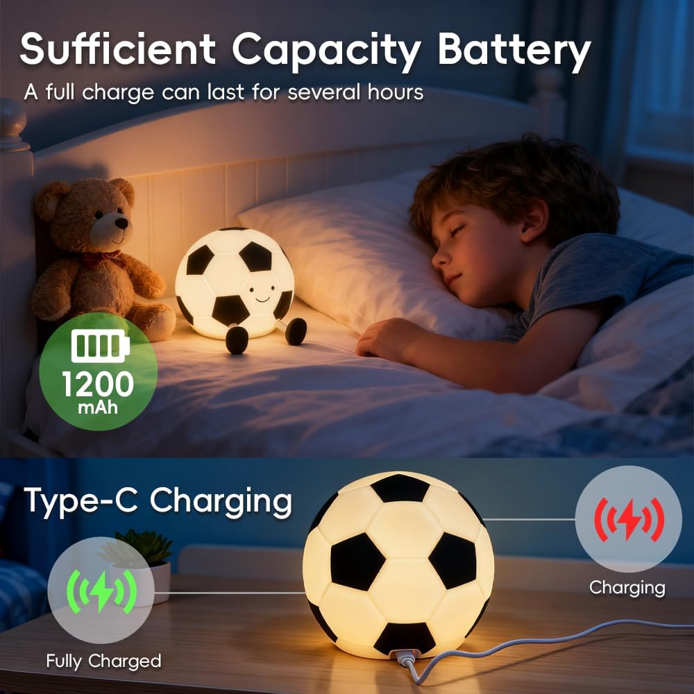 Soccer Silicone Night Light Rechargeable Dimmable and Soft Touch Beside Soccer Lamp With Timer For Nursery Room Decor